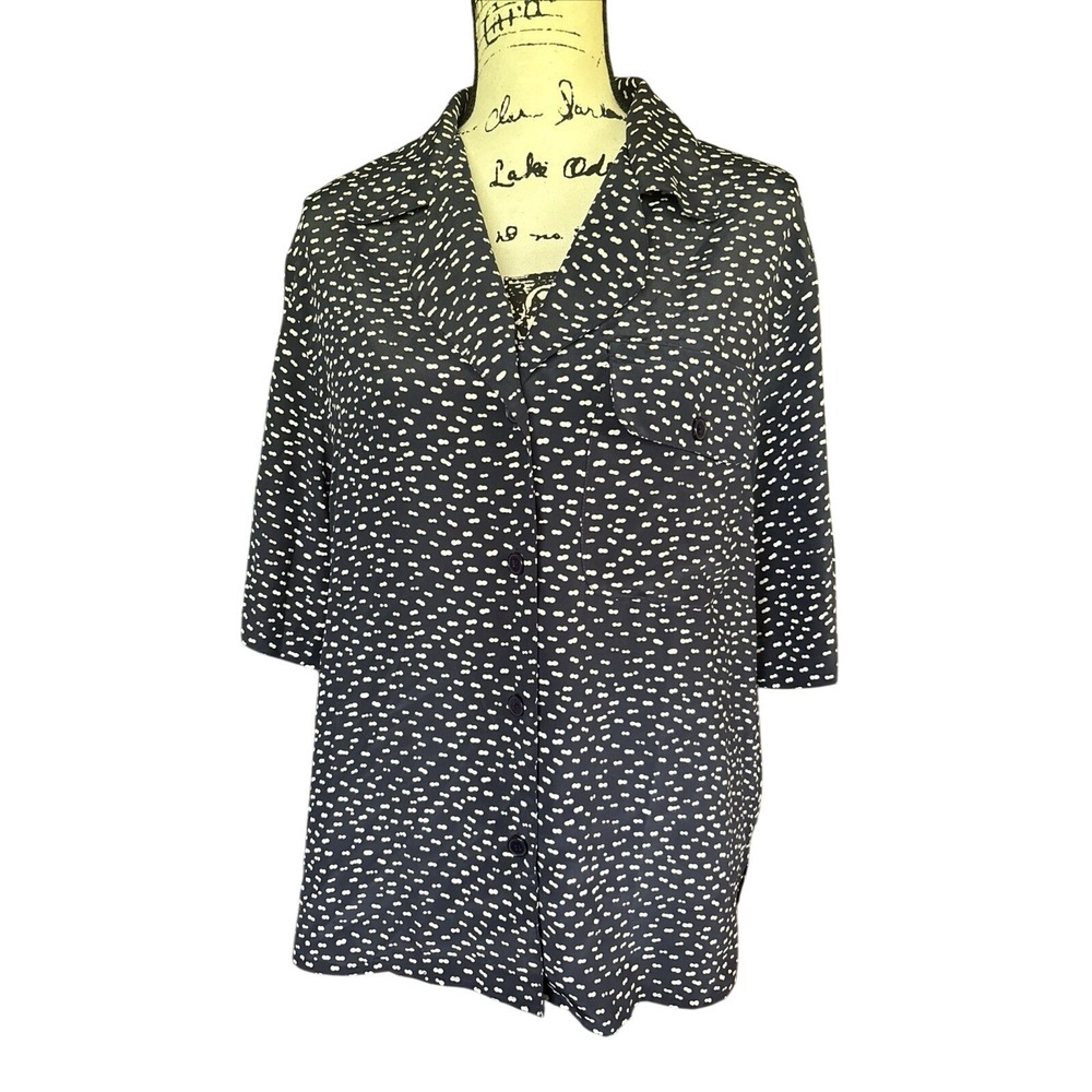 LaChine Classic by Galinda Wang Button Up Short Sleeve Blouse Sz 14 Blue & White